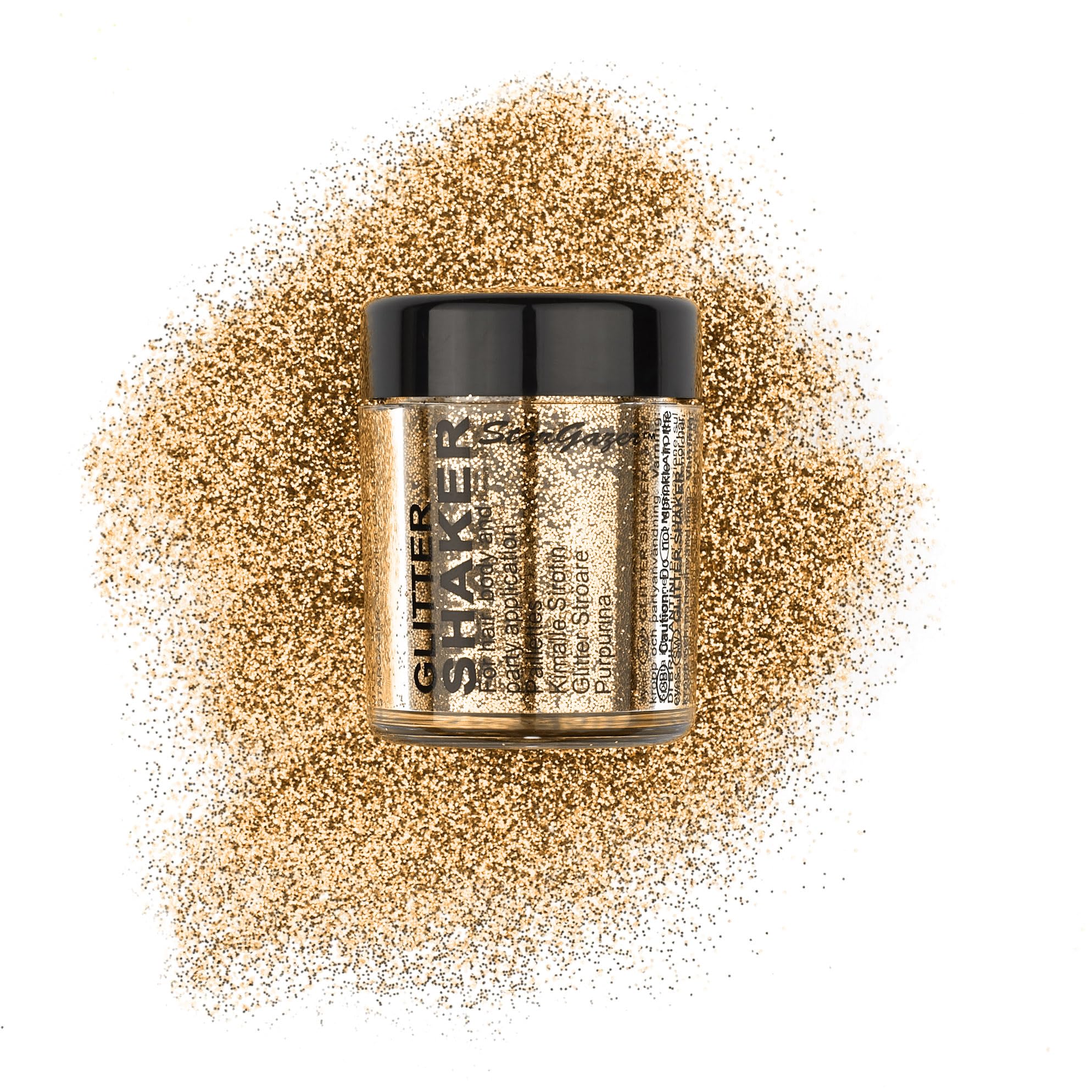 Stargazer Glitter Shaker, Gold. Cosmetic glitter powder for use on the eyes, lips, face, body, hair and nails.