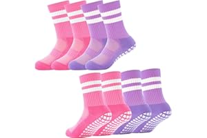 ELUTONG Girls Socks with Grip Kids Youth Soccer Non Slip Sock 4 Pack Athletic Striped Grippy Crew Socks for Girls Boys