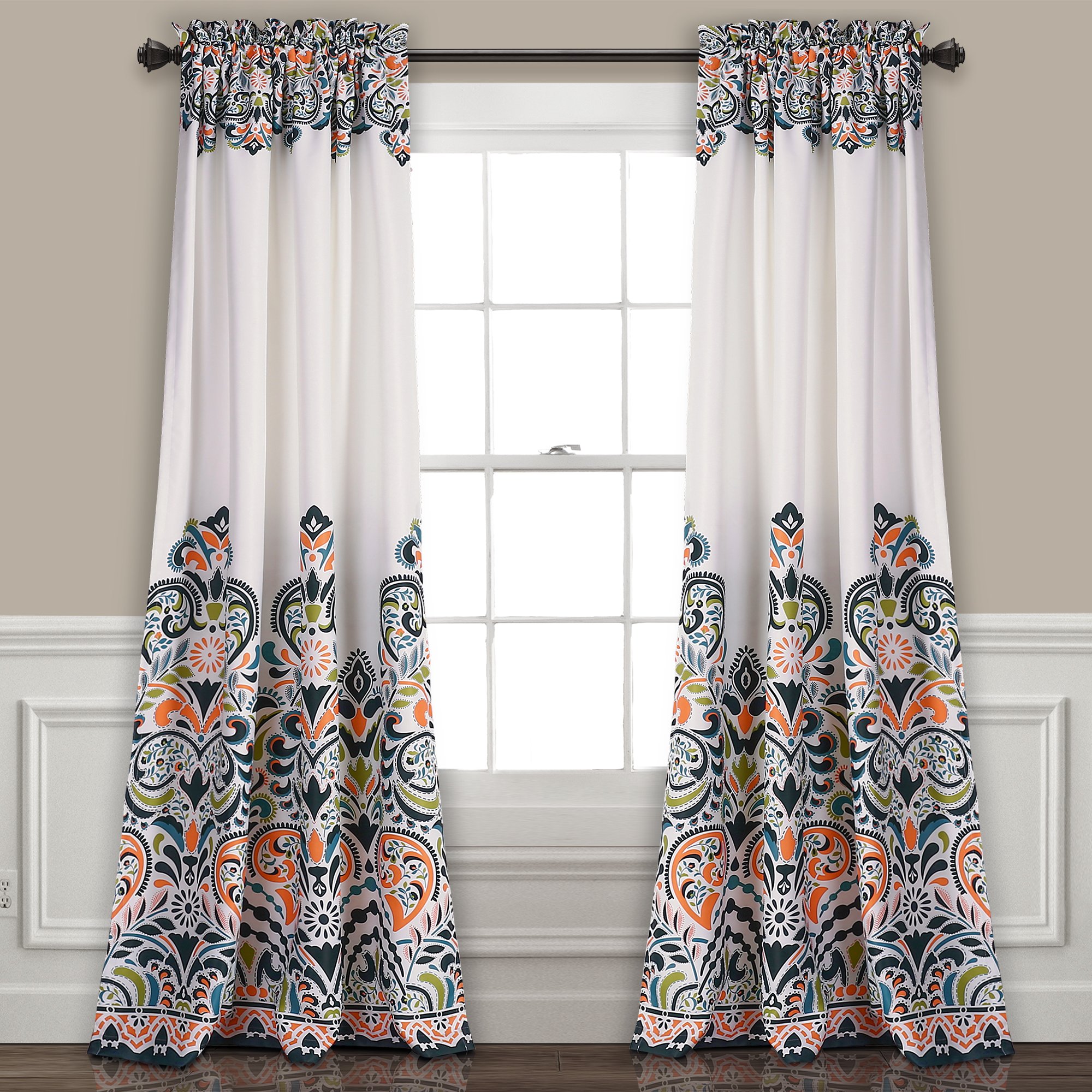 Lush Decor Clara Curtains Paisley Damask Print Bohemian Style Light Filtering Window Panel Set for Living, Dining, Bedroom (Pair), 52"W x 84"L, Navy & Tangerine