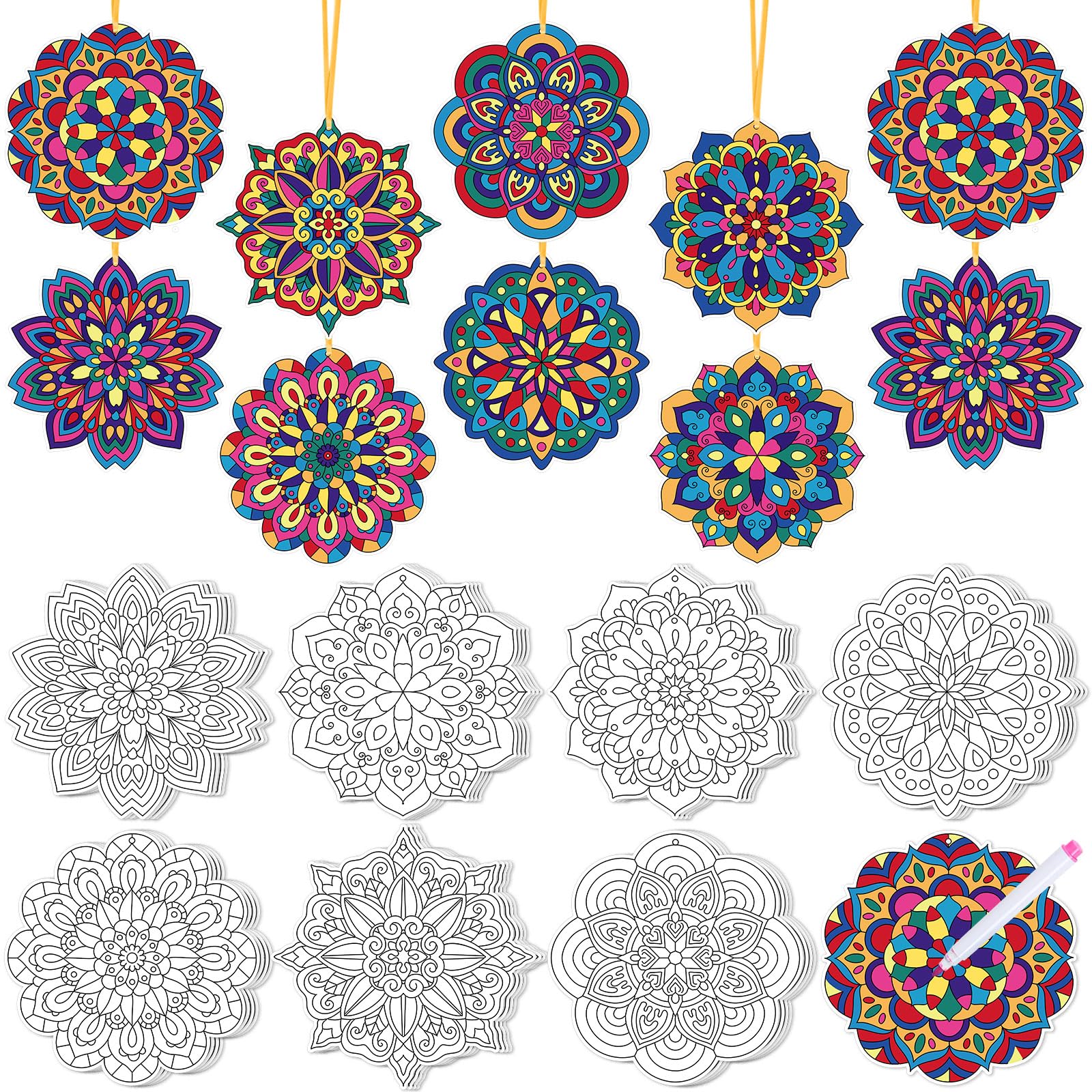 Photo 1 of 48 Pcs Coloring Mandala Art Crafts Kit Color Your Own Mandala card Hanging Ornaments with Markers DIY painting Cardstock for School Activity Home Party Decor Seniors Stress Relieving Supplies