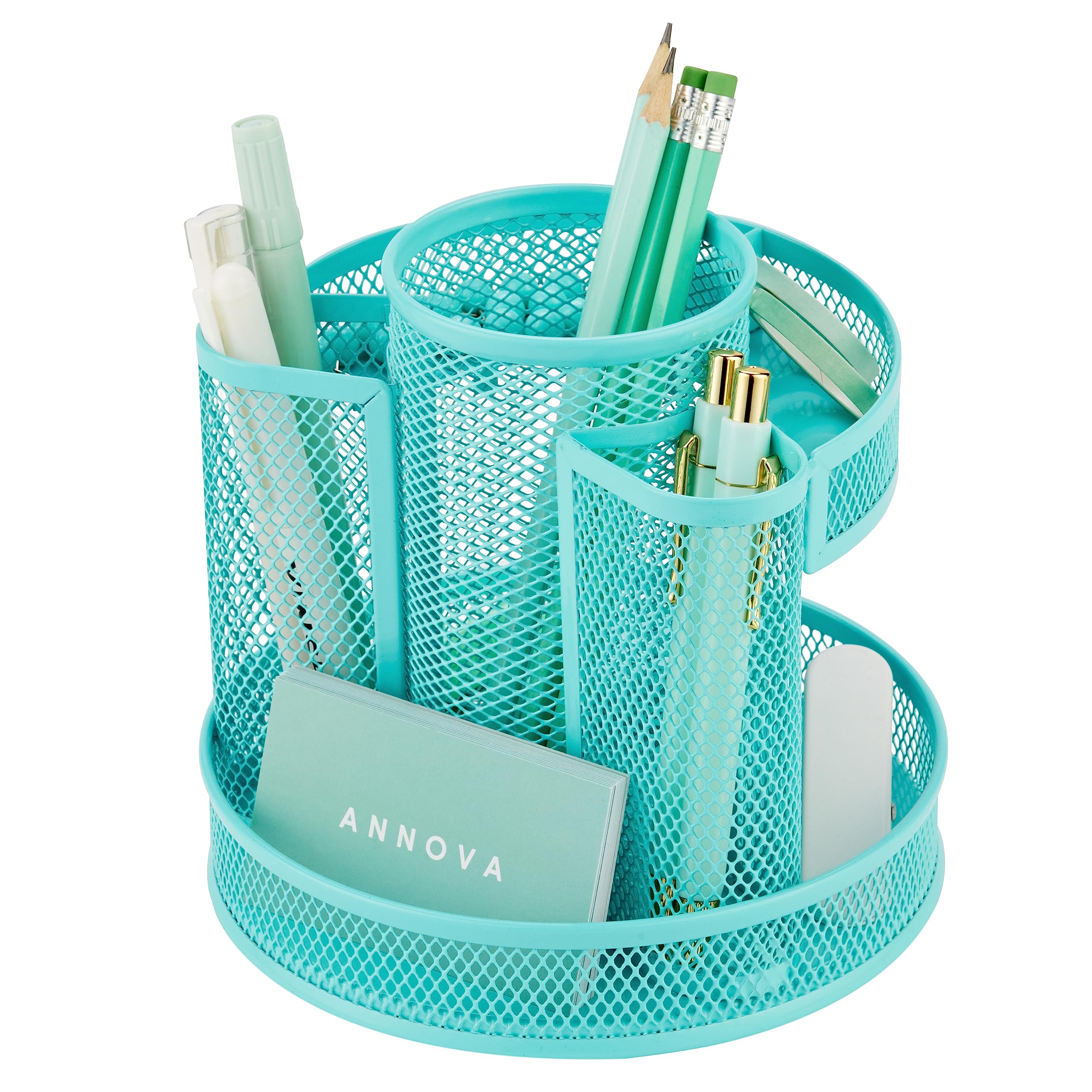Annova Mesh Desk Organizer Rotate with 5 Compartments Round Spinning Tidy Candy/Pen Holder Desk Accessories Office, Art Supply, Storage, Classroom, Home (Turquoise)