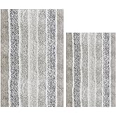 Ramanta Home Alpine Stripe 100% Cotton Bath Rug Set of 2 - Light Grey, Non Slip Soft Absorbent Bath Rug Set for Bathroom, Kitchen, Machine Washable Floor Mats - 21x32 & 17x24 Inch