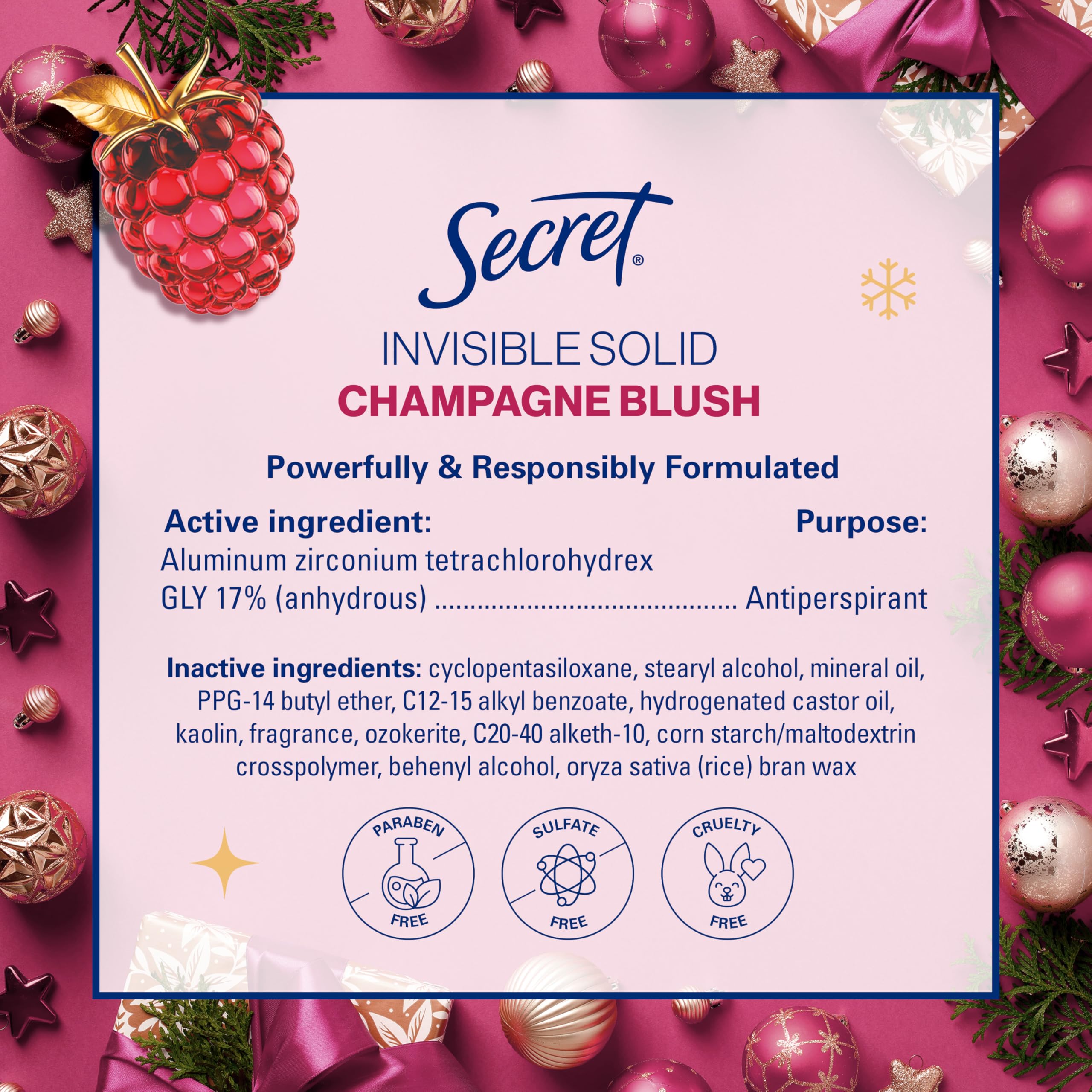 Secret Fresh Antiperspirant Deodorant for Women, 72hr Breathable Odor Protection with Pro-Hyaluronic Acid, Holiday Invisible Solid, Champagne Blush with Berries, Sugared Rim & Rose Petals Scent, 2.6oz