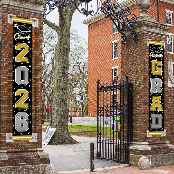 2026 GRADUATION DECORATIONS,CONGRATS GRAD BANNER BACKDROP FOR CLASS OF 2026 DECORATIONS- BLACK AND GOLD GRADUATION PARTY DECORATIONS