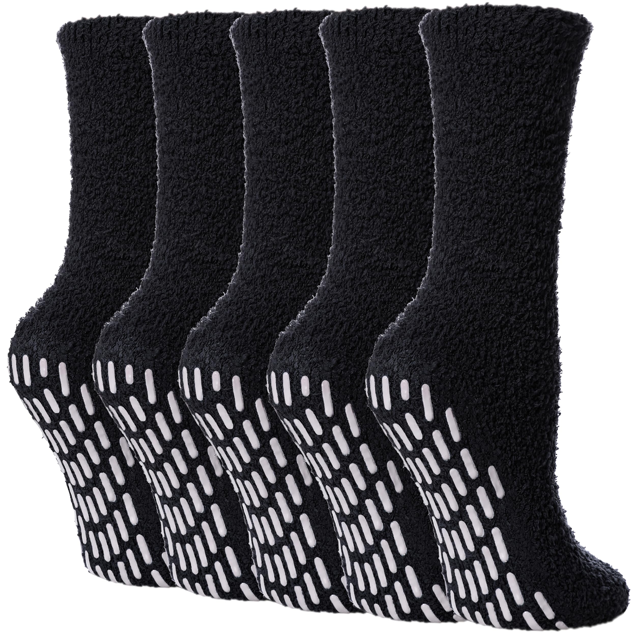 Photo 1 of Yebing Non Slip Hospital Socks for Women with Grips Fuzzy Cozy Anti Skid Slipper Socks Winter Warm Soft Fluffy Sleep Socks 5 Pairs Non Slip Black