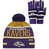 FOCO NFL unisex-adult Nfl Team Logo Adult Stretch Gloves With Big Wordmark Strip Pom Knit Hat Beanie Set