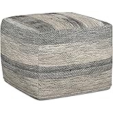 SIMPLIHOME Clay Square Pouf - 18 inch Wide Upholstered Cotton Ottoman in Grey Melange, Boho Footstool, Decorative Cube Pouf o