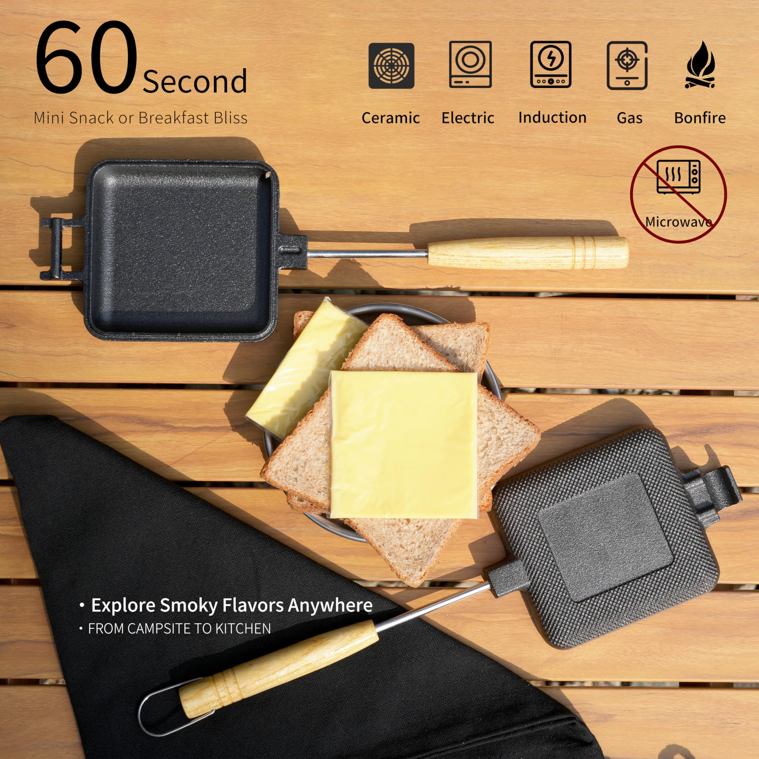 CretFine MiniSnack Cast Iron Pie Maker Sandwich Press for Camping and Stovetop, Double Mini Pan for Steak and More with Storage Bag and Recipies, Perfect for Home, Openfire Camp Cooking, Small Cooker