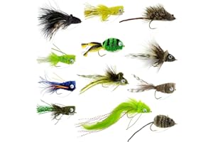 The Fly Fishing Place Bass Bug Collection, 12 Fly Fishing Flies, Surface Poppers and Subsurface Divers, Hook Sizes 2/4/6