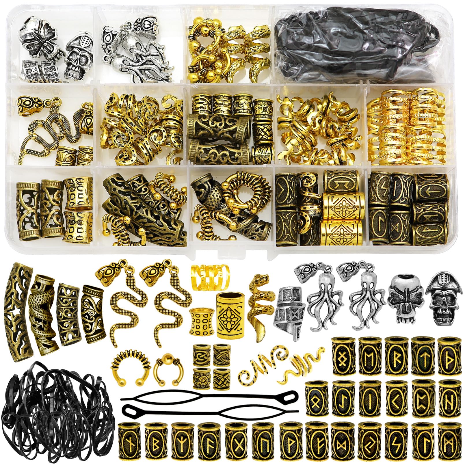 Photo 1 of 207Pcs Viking Hair Jewelry Nordic Runes Tube Beads,Accessories Kit for Braids Dreadlock Beard Locs,Metal Clips Cuff Rings,Braiding Beard Decoration Bracelets Pendant Necklace DIY Golden and Silvery