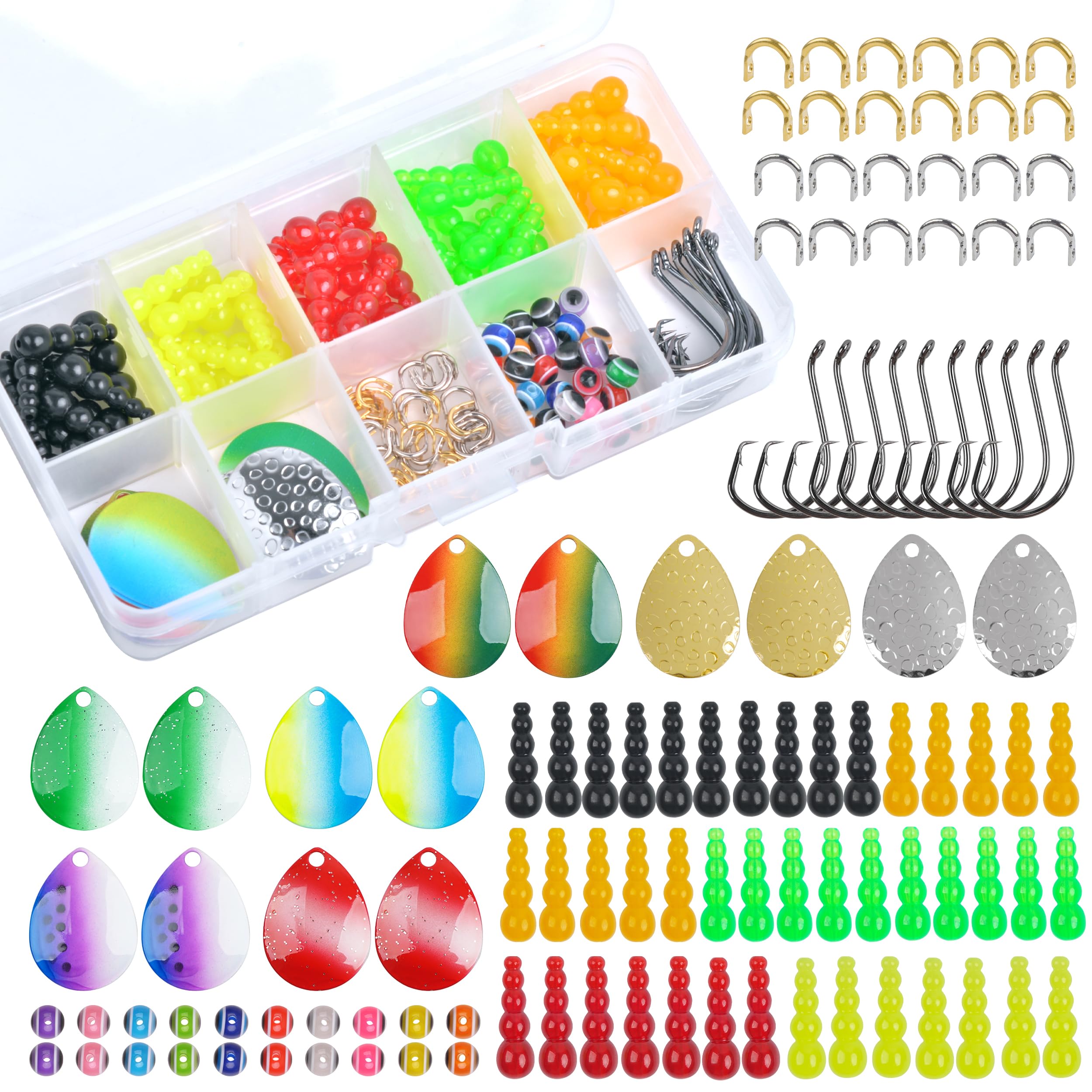 Walleye Spinner Rigs Kit, 144 Piece DIY Fishing Lure Making Supplies Parts Walleye Rigs Crawler Harness Colorado Sequins Spinner Clevis Stacked Beads