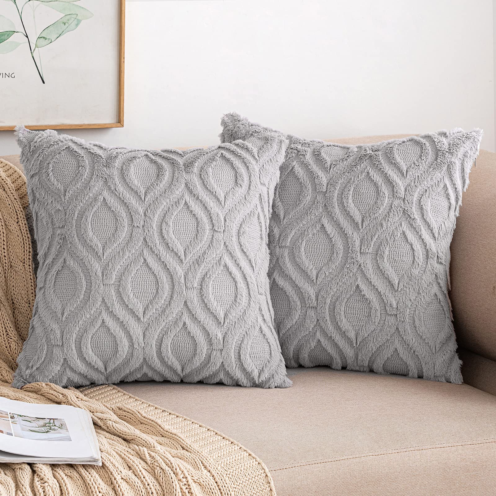 MIULEE 2 Pack Super Soft Wool Throw Pillow Covers Round Cushion Covers with Plush Home Decor for Sofa Couch Bed Living Room Office 20x20 Inch Light Grey