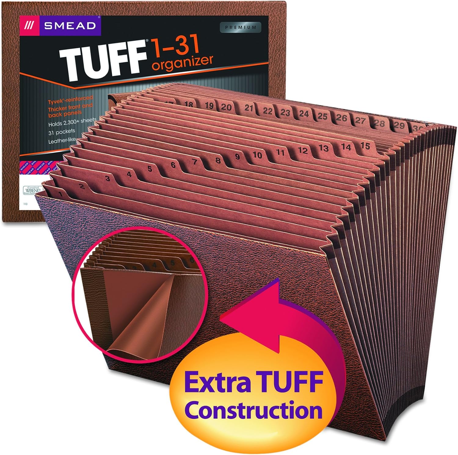 Smead TUFF Expanding File, 31 Pockets, Daily (1-31), Letter Size, Redrope (70467), LEATHER-LIKE : Expanding File Jackets And Pockets : Office Products
