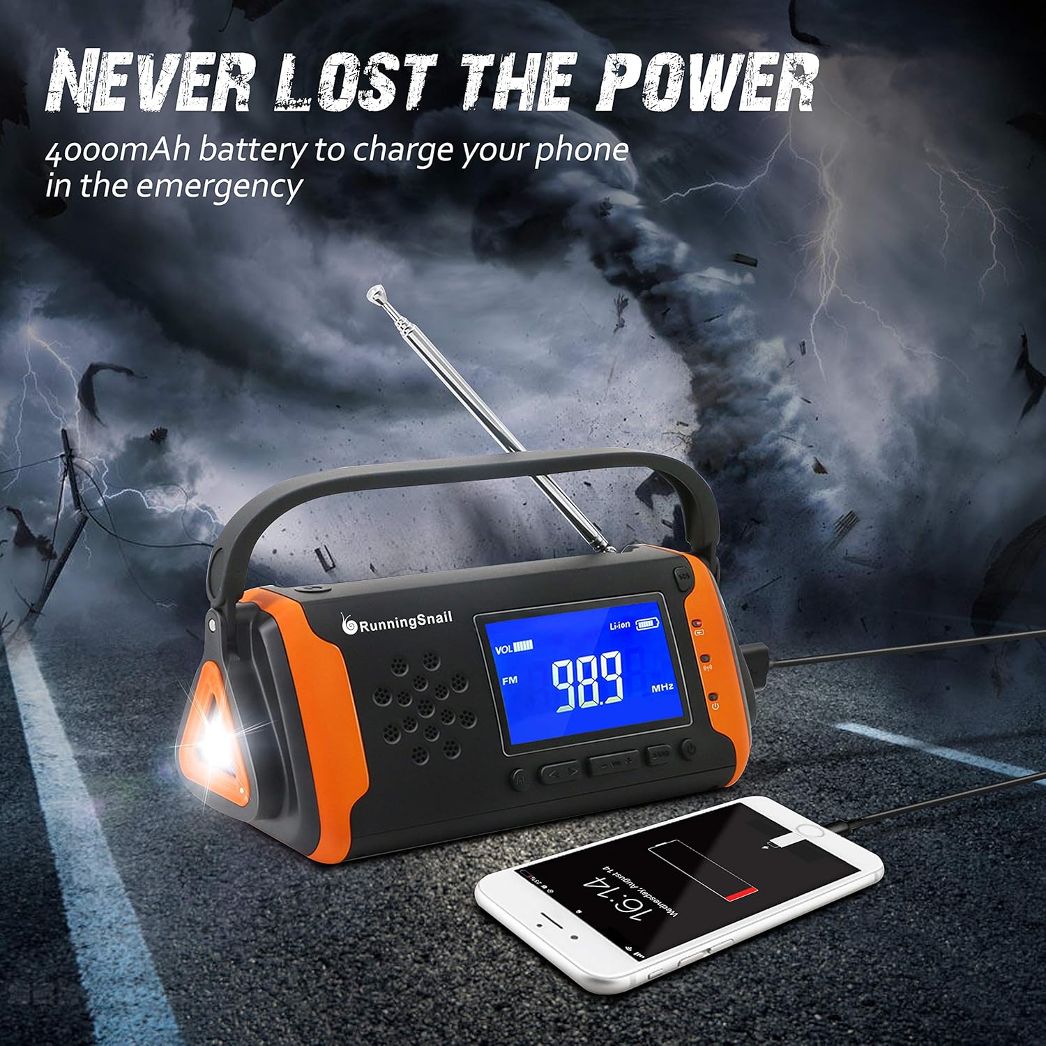 Emergency NOAA Weather Crank Solar Powered Portable Radio with 4000mAh Battery Power for Cell Phone, Bright Flashlight for Household Emergency and Outdoor Survival (097-Orange): Home Audio & Theater