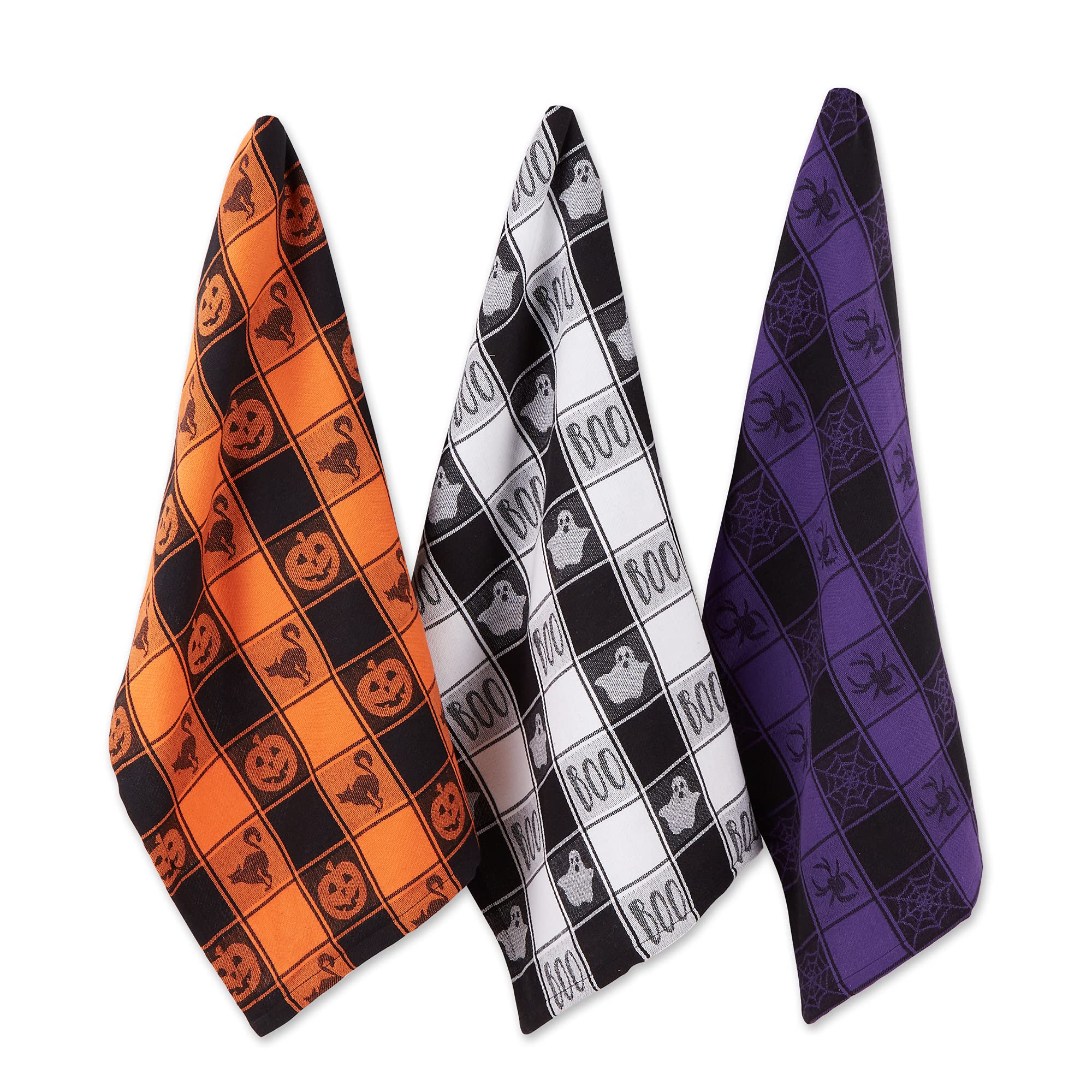 DII Halloween Collection Embellished Dishtowel Set, 18x28, Woven Check 3 Piece
