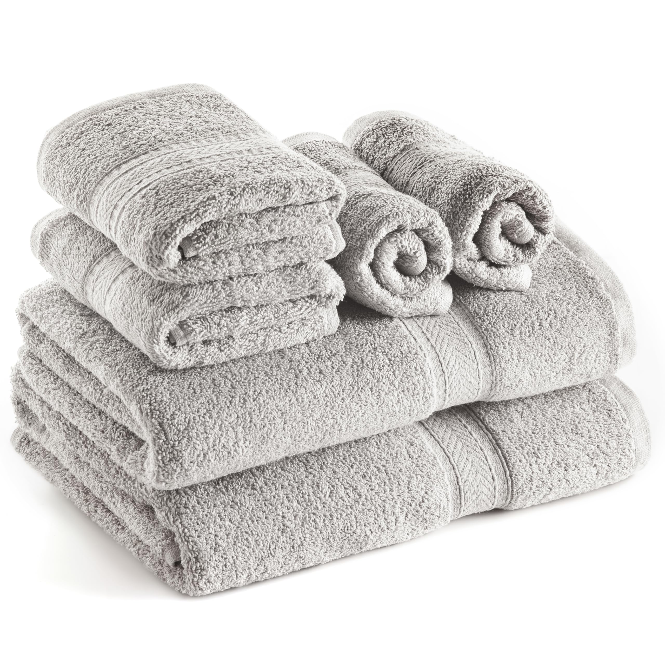 SweetNeedle 6 Piece Towel Set - 2 Bath Towels, 2 Hand Towels and 2 Washcloths Cotton Daily Use Hotel Spa Quality Soft Highly Absorbent Quick Dry Light Weight (Silver)