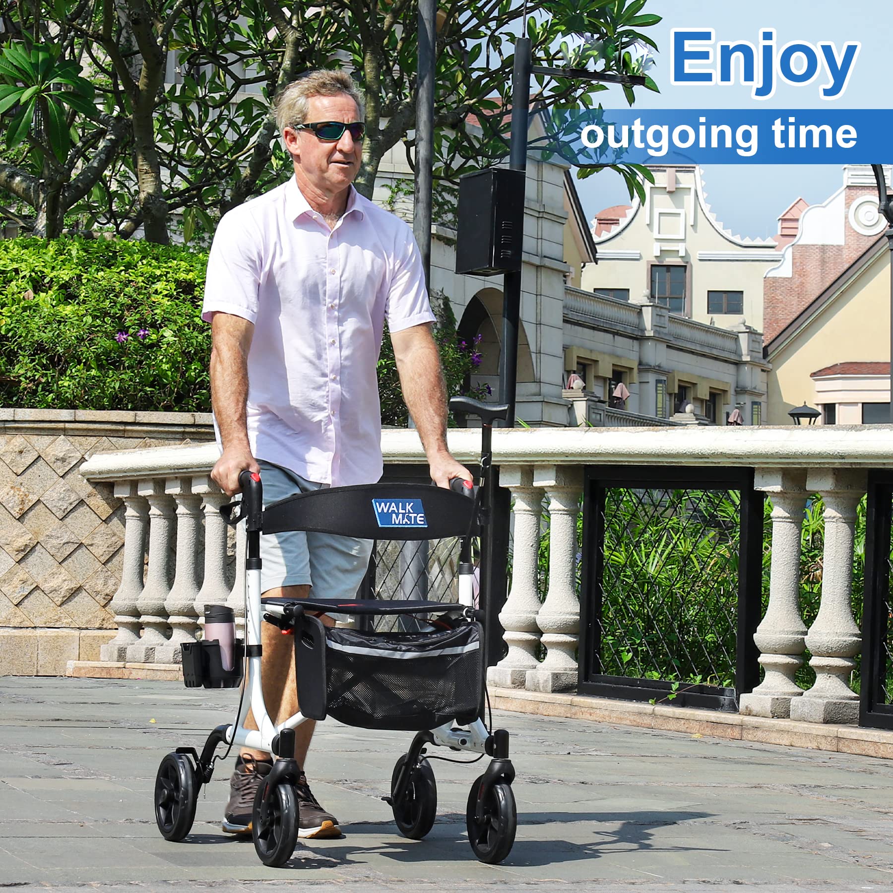 WALK MATE Rollator Walker for Seniors with Cup Holder, Upgraded Thumb Press Button for Height Adjustment, 4 x 8 Wheels Walker with Seat Padded Backrest Folding Lightweight Walking Aid, White