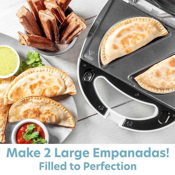 ELECTRIC EMPANADA MAKER MACHINE W DOUGH CUTTER & NONSTICK PLATES- EASIER THAN PRESS & MOLDS- HOMEMADE LATIN TURNOVERS, HAND PIES, DUMPLINGS, STUFFED PASTRIES W BONUS CHURRO PLATES, MAKE DESSERT & APPS
