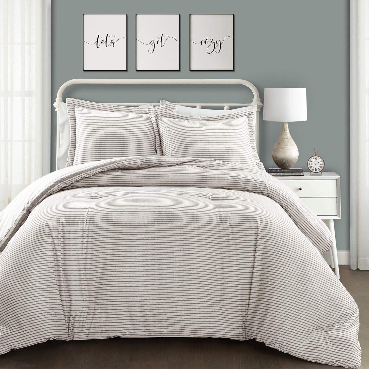 Lush Decor, Gray Comforter Farmhouse Stripe 3 Piece Reversible Bedding Set, Full Queen: Home & Kitchen