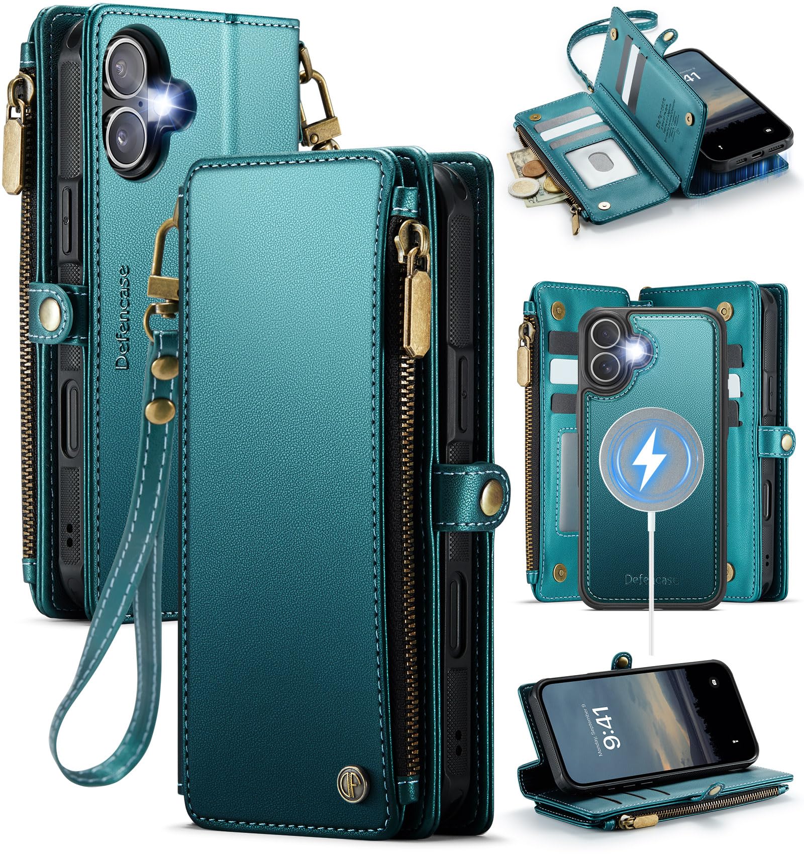 Photo 1 of Defencase for iPhone 16 Plus Magnetic Wallet Case Compatible with Magsafe with RFID Blocking Zipper Strap Card Holder for Women Men PU Leather Detachable Case for iPhone 16 Plus (6.7 inch), Blue Green