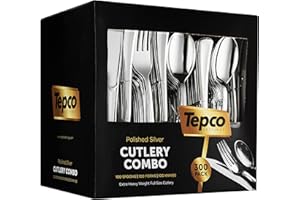 TEPCO SETTINGS 300 Plastic Silverware Set - Silver Cutlery Set - Disposable Flatware Set - 100 Forks - 100 Spoons - 100 Knives - Heavy Duty - Party Bulk