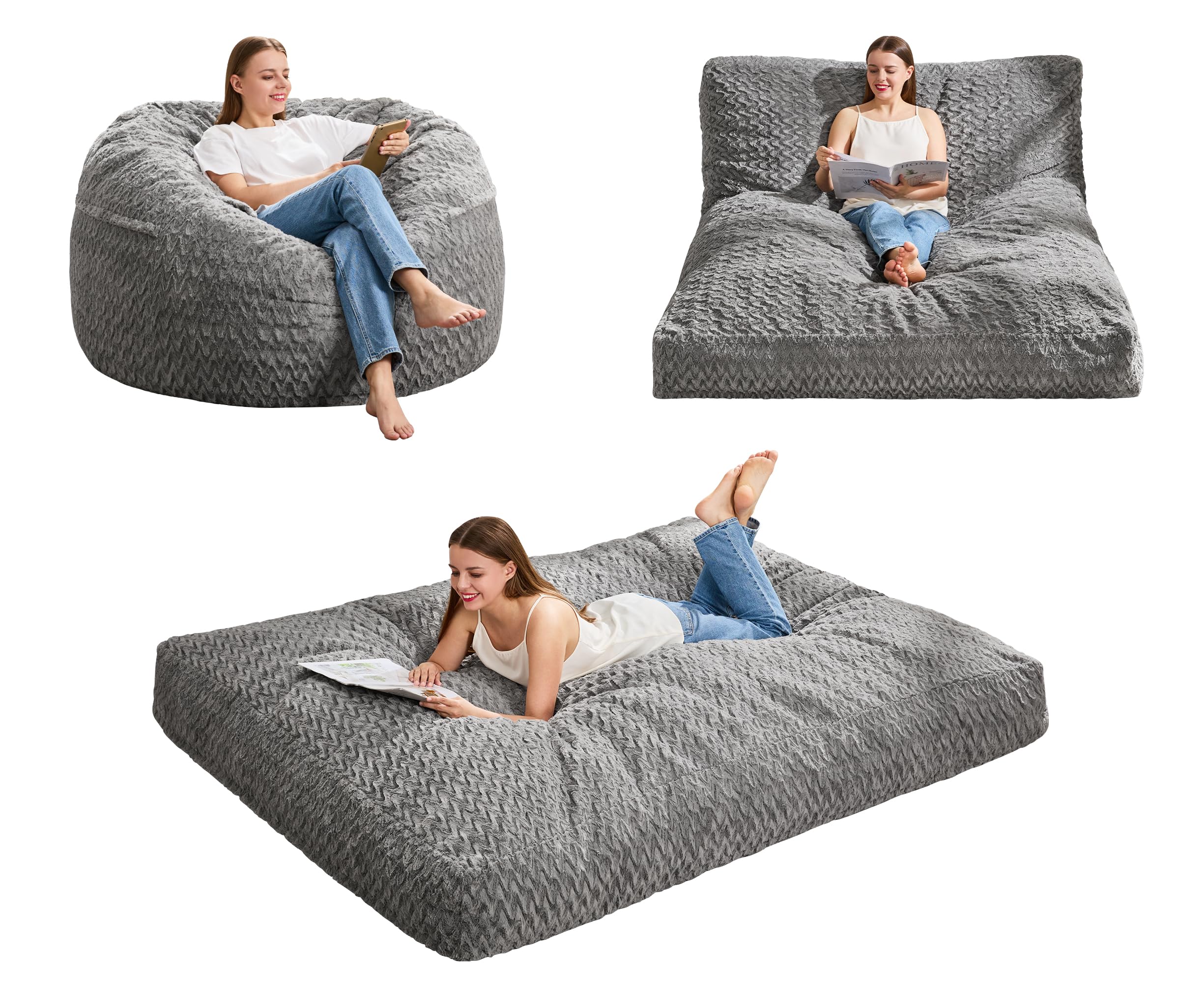 Photo 1 of **DIRTY FROM TRANSPORT **Hobestluk Bean Bag Chair Convertible Beanbag Chairs for Adults, 3 in 1 Bean Bags with Plush Chevron Cover, Adult Bean Bag Chair for Living Room, Bedroom (Grey, Full)