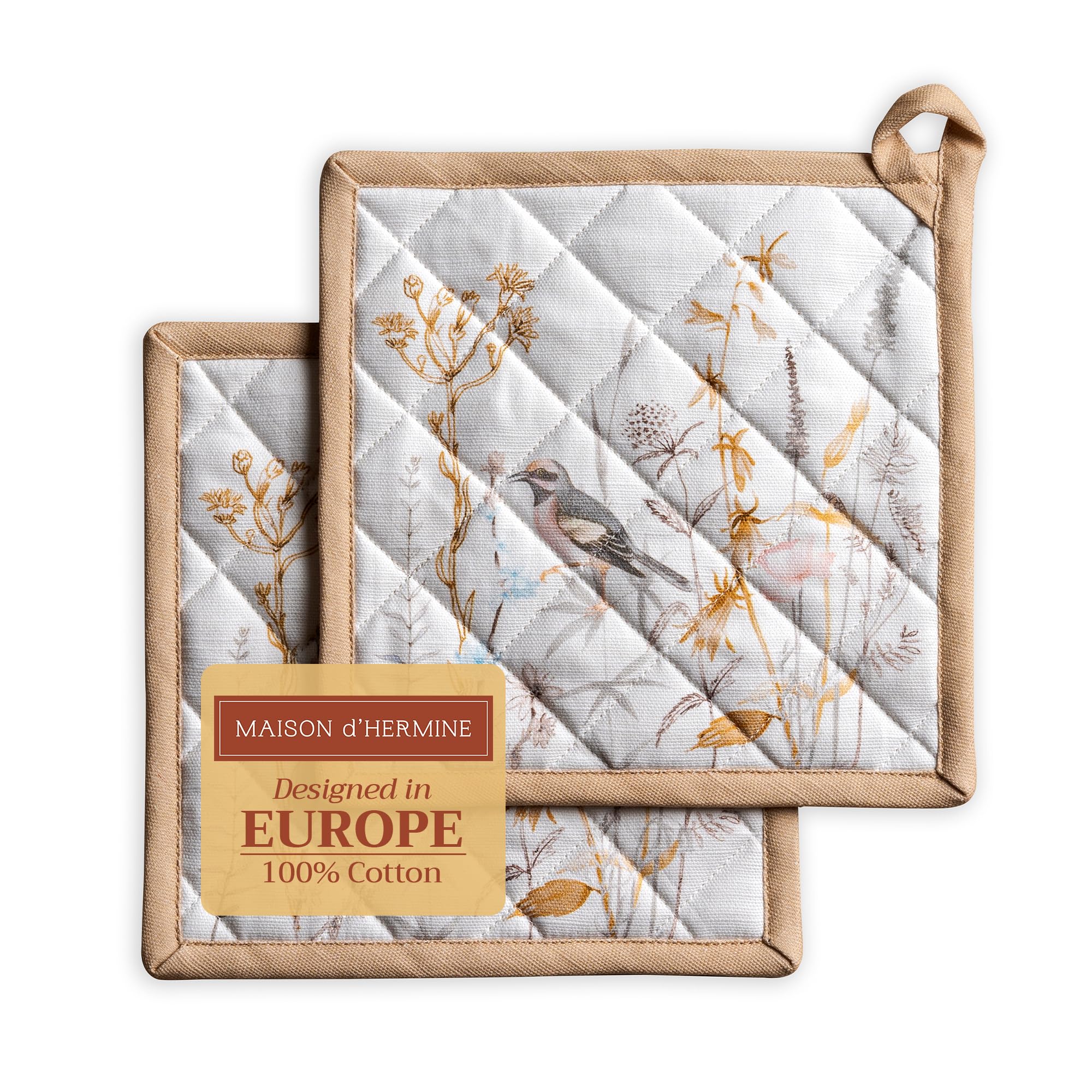 Maison d' Hermine Pot Holders Set 100% Cotton Heat Resistant Potholders 20 cm x 20 cm Hot Pads with Loop for BBQ Baking Handling Hot Pans Gifts for Mothers Day (Pack of 2, Meadow Florals - Beige)