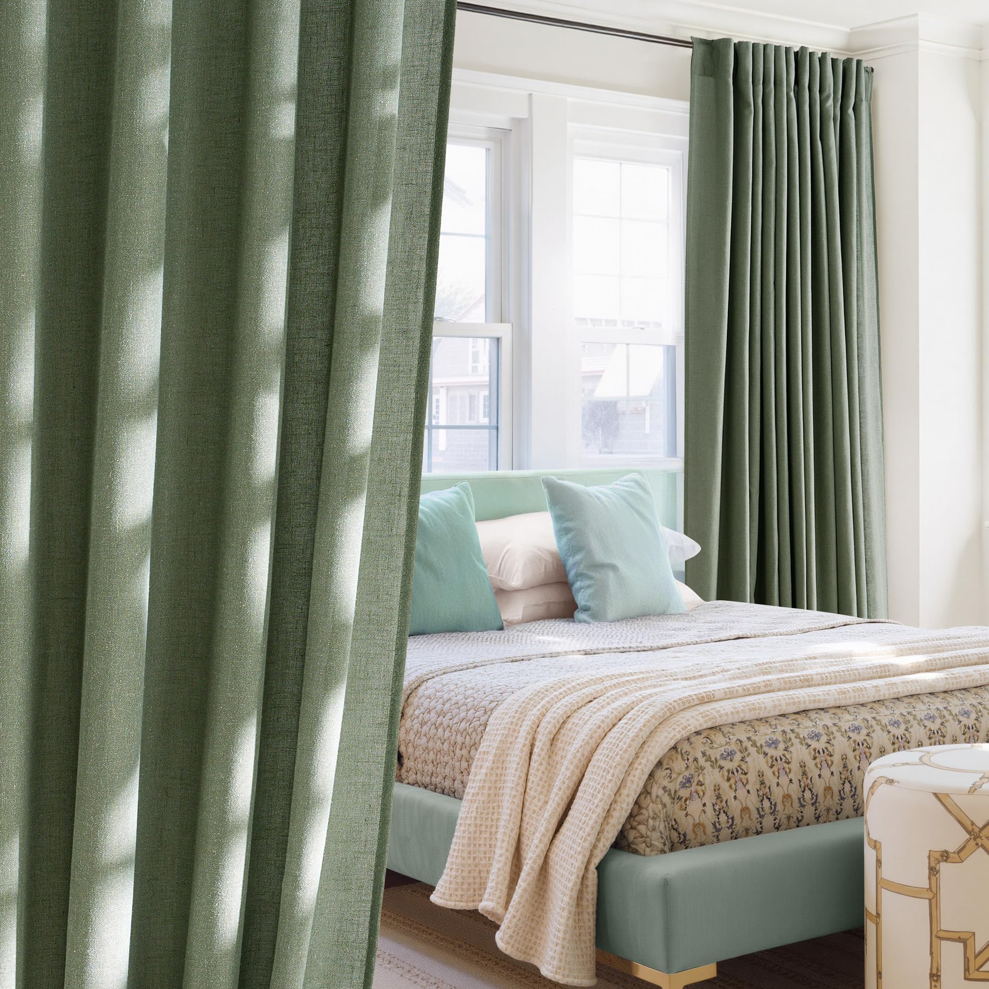 NICETOWN Rustic Linen Forest Green Curtains for Living Room, Rod Pocket & Back Tab Privacy Added Thick Linen Weave with Light Filtering Window Treatments for Bedroom, W55 x L102, 2 Panels Image