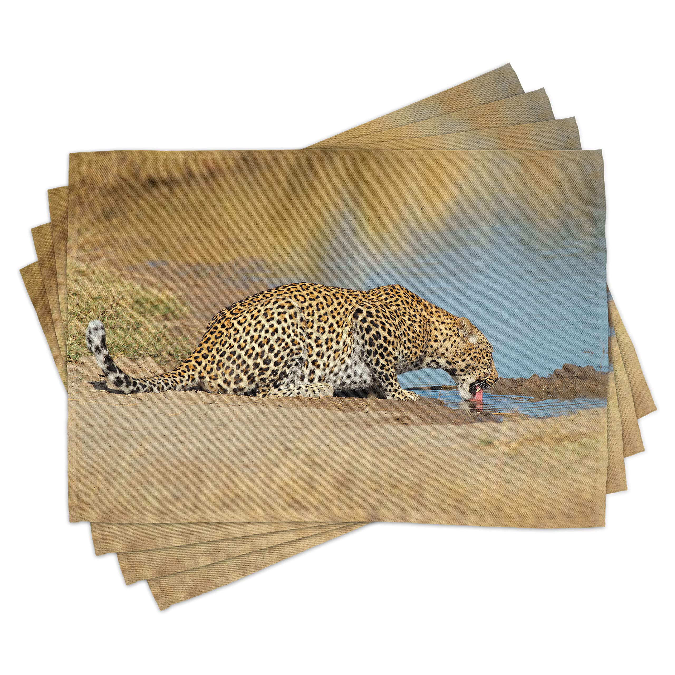 ABAKUHAUS Safari Place Mats Set of 4, Leopard Panther Drinking at Waterhole Wild South Animal Documentary Print, Washable Fabric Placemats for Dining Room Kitchen Table Decor, Pale Brown