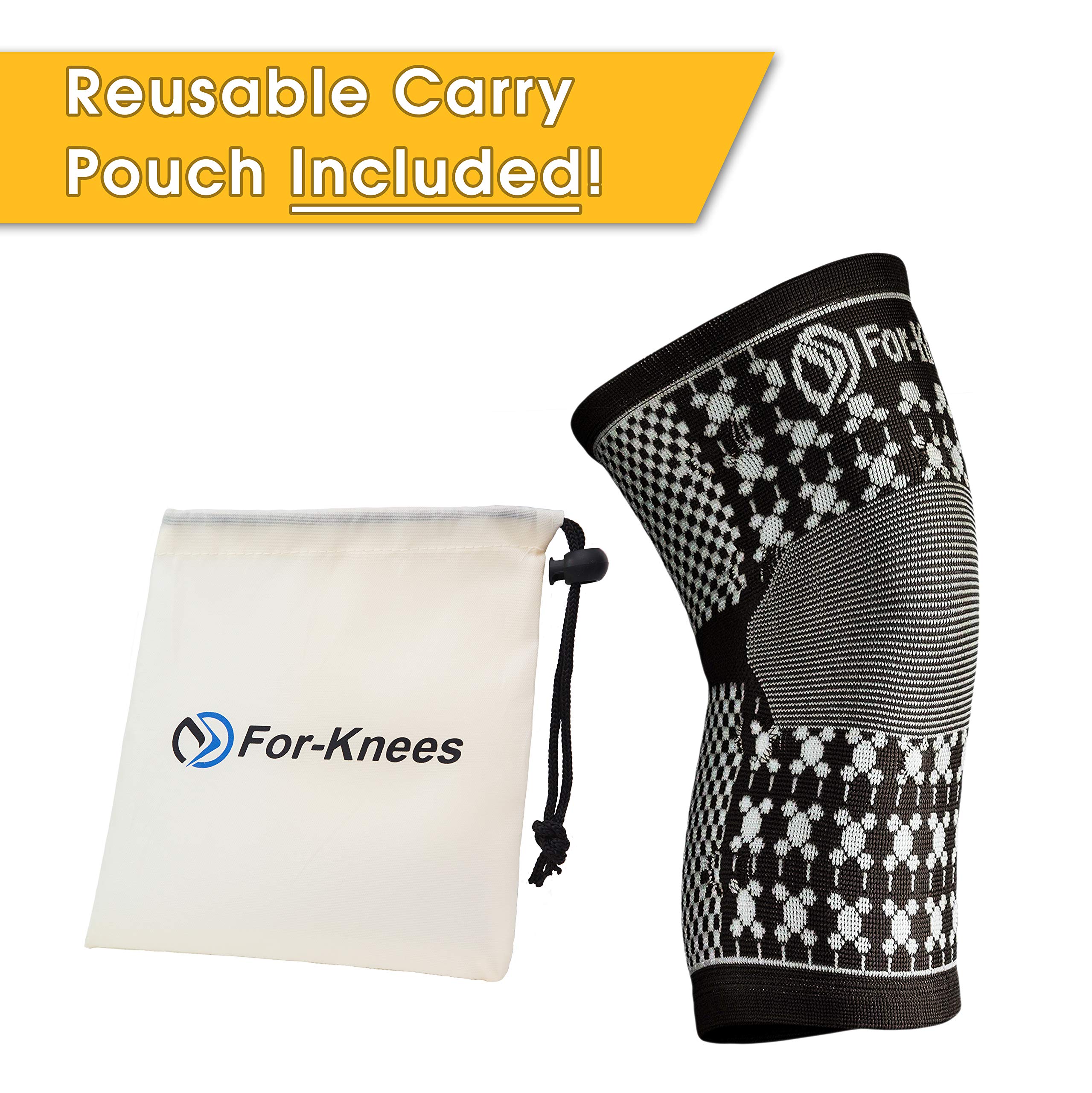 For-Knees Magnetic Knee Compression Brace Support Sleeve -Black Natural Soft Cotton - Latex Elastic Fabric with Magnets. for Sports, Sprains Strains Arthritis Sore Knees Recovery