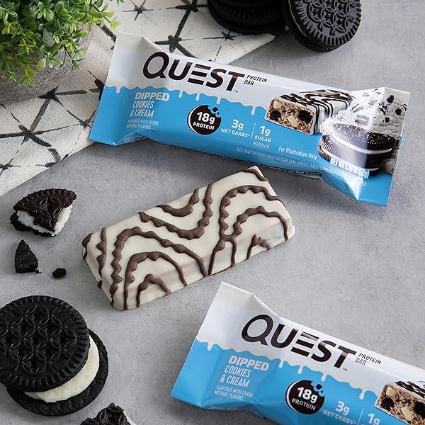 QUEST NUTRITION DIPPED COOKIES & CREAM PROTEIN BARS, HIGH PROTEIN, LOW CARB, GLUTEN FREE, KETO FRIENDLY, 4 COUNT