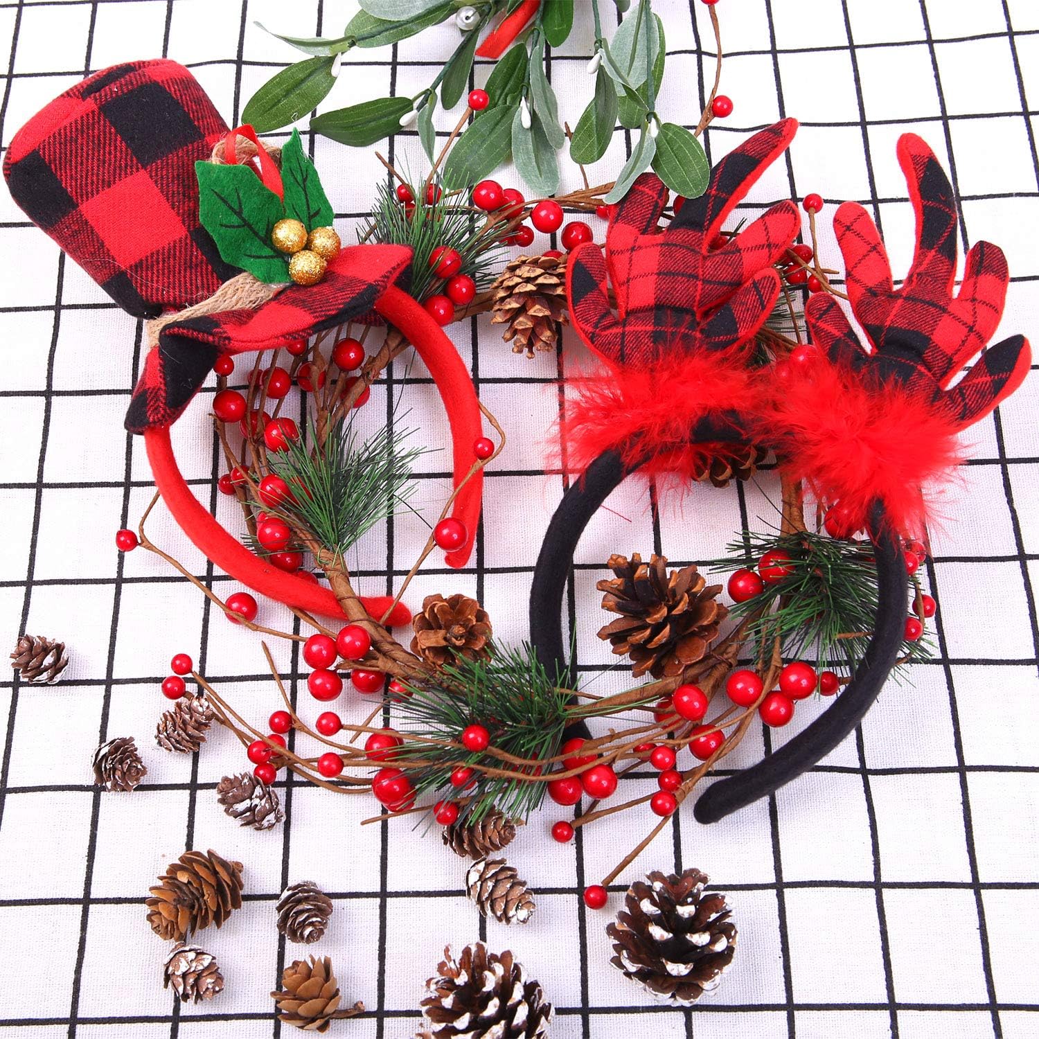 Ruisita 6 Pack Christmas Headbands Buffalo Plaid Reindeer Headbands Christmas Hats Elves Headbands for Holiday Decoration - Image 4