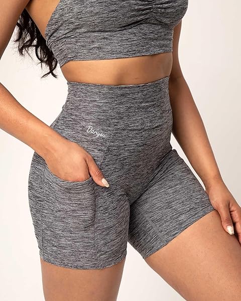 DANYSU BIKER SHORTS WITH POCKETS SCRUNCH BUTT BOOTY WORKOUT SHORTS HIGH WAISTED LIFTING ATHLETIC GYM BOTTOMS HEATHER FOG GREY S