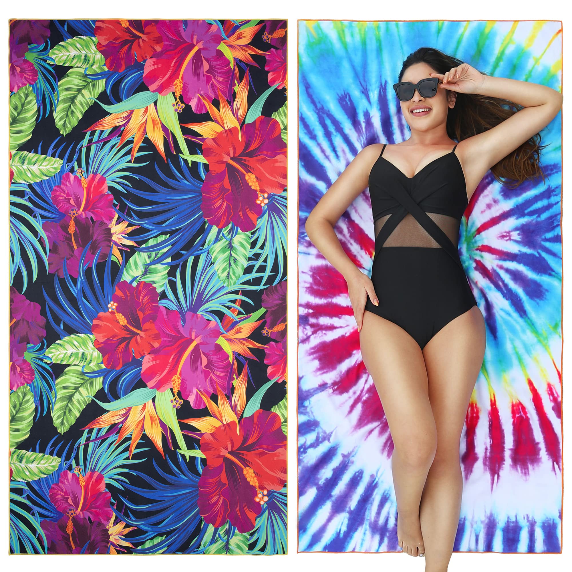 Winthome 2 Pack Beach Towel for Adults - Large Microfibre Beach Towel Quick-Dry, Sand Free, Lightweight, With Bag for Beach, Pool, Camping, Yoga & Outdoor Bloom 90×180cm