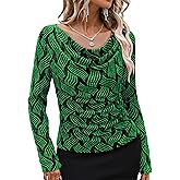 Bebonnie Women's Cowl Neck Long Sleeve Stretchy Sequin Tops Glitter Evening Cocktail Party Slimming Shirts