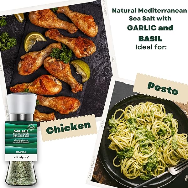 SALT ODYSSEY GRINDER SALT, PURE SEA SALT FOR SEASONING MEAT, FISH AND CHICKEN, 100% NATURAL SEA SALT FROM GREECE, GOURMET SEA SALT WITH GARLIC & BASIL MILL GRINDER (7.05 OZ.)