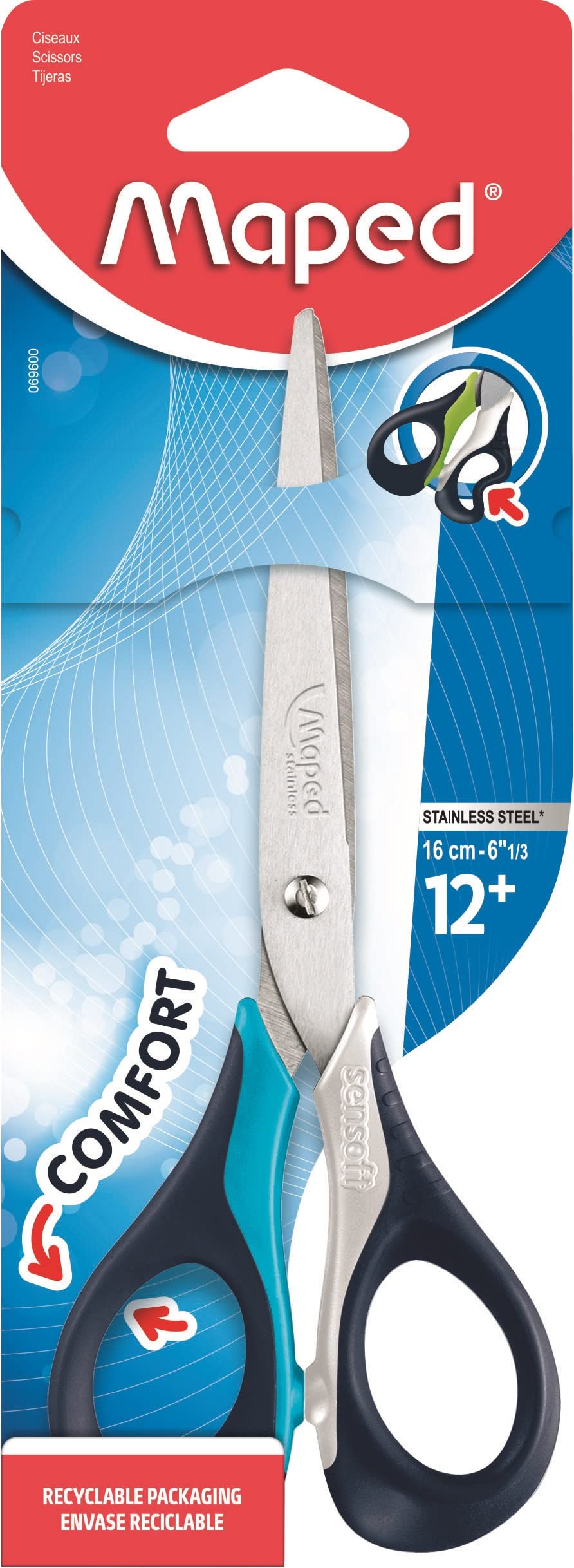 Maped - Sensoft 16 cm scissors with soft rings and 3D ergonomics - School scissors from 12 years old - For middle and high school - Comfortable and pleasant rings - Blue/Black