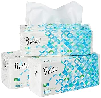 Amazon Brand - Presto! 2 Ply Facial Tissue Soft Poly Pack - 200 Pulls (Pack of 3)