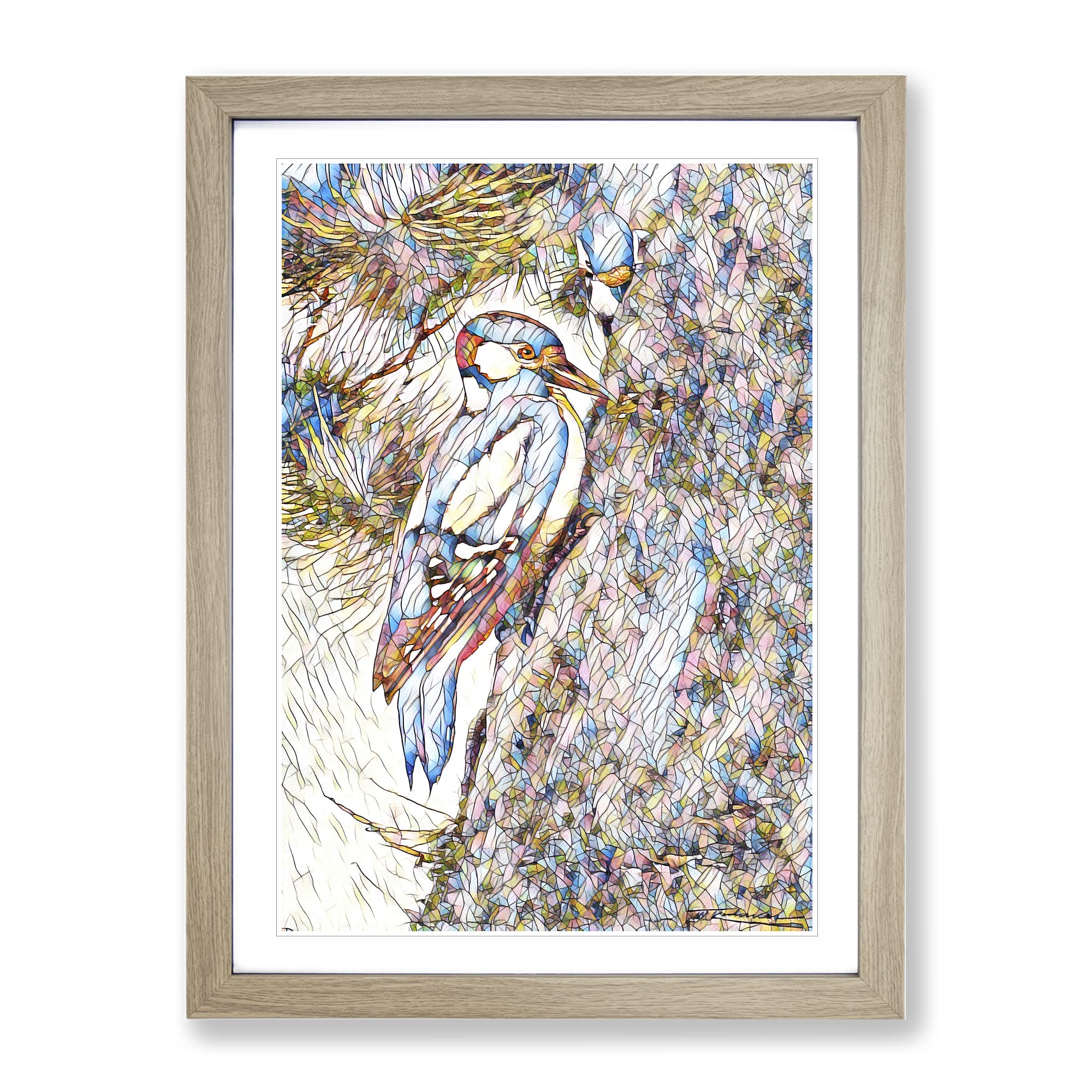 Vintage W Kuhnert Spotted Woodpecker Modern Bg Framed Wall Art Print, Ready to Hang Picture for Living Room Bedroom Home Office Décor, Oak A4 (34 x 25 cm)