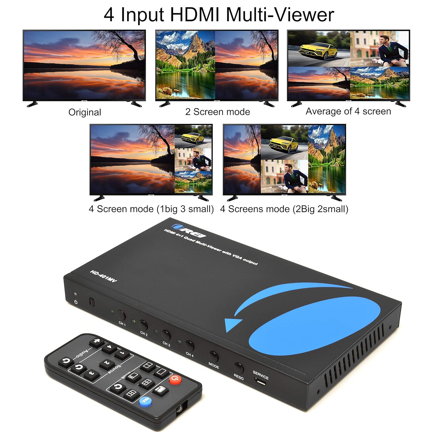 Quad Multi HDMI Viewer 4 in 1 Out by OREI HDMI Switcher 4 Ports Seamless Switcher and IR Remote Support 1080P for PS4/PC/DVD/Security Camera, HDMI Switch VGA Output - HD-401MV: Industrial & Scientific