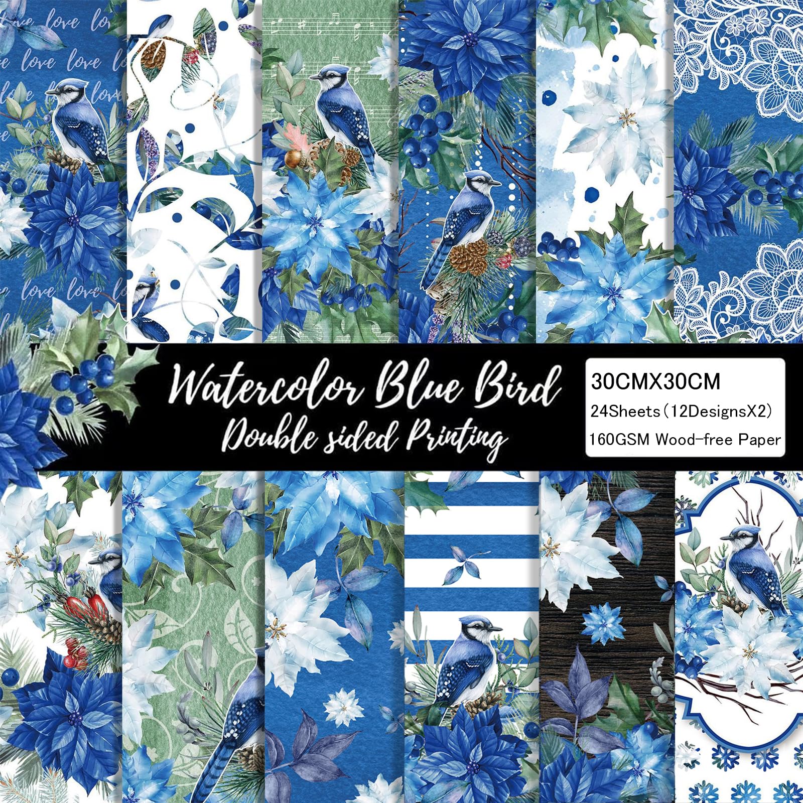 Photo 1 of Blue Floral Scrapbook Paper 12x12 Double Sided - 24 Sheets Watercolor Flower Printing Decorative Craft Scrapbooking Paper Pad Junk Journal Supplies for Card Making Background Art Cottagecore Album