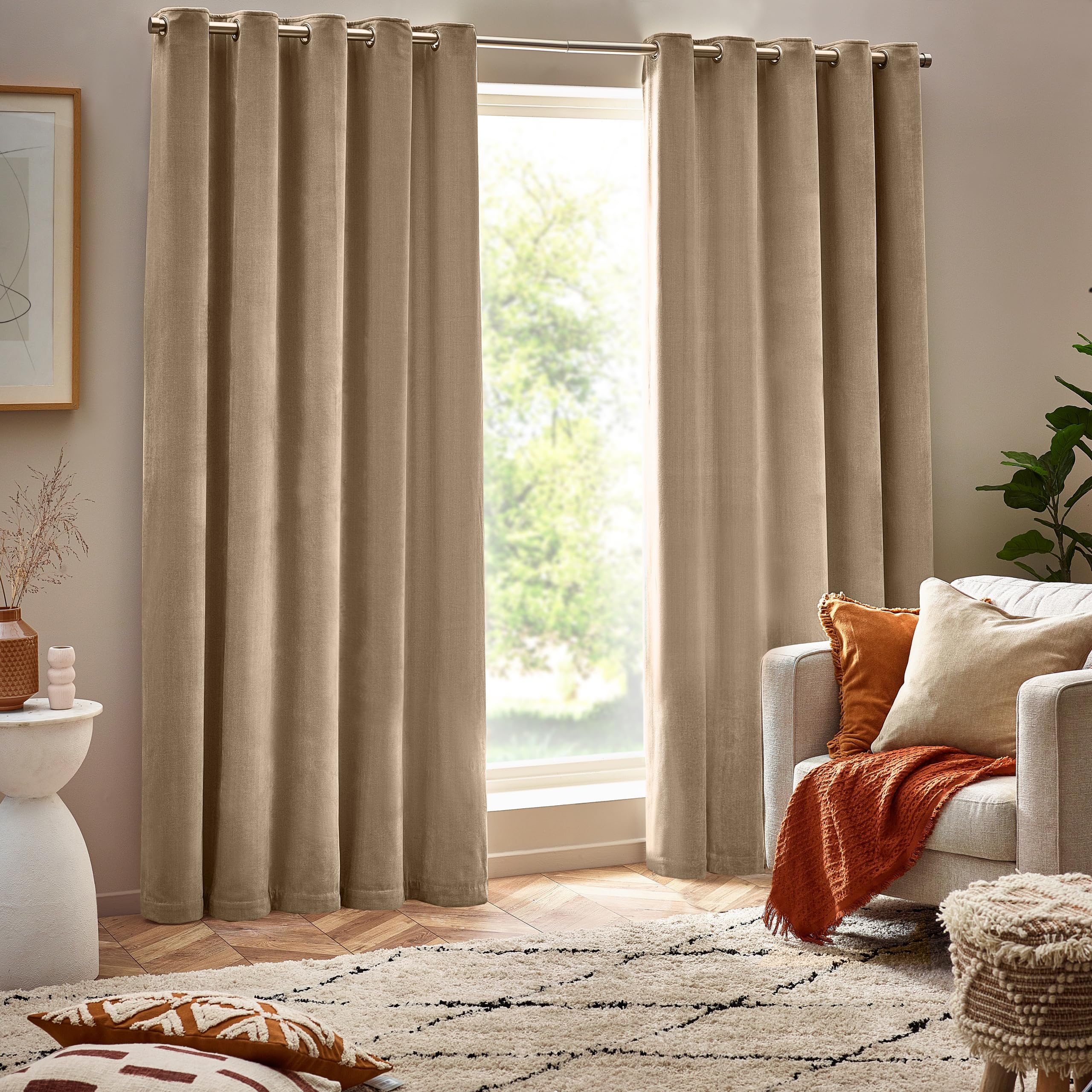 Yard Heavy Chenille Eyelet Curtain Pair – Lined Room Darkening, Soft Velvet Home Décor (Natural - Width 229 x Drop 137cm)