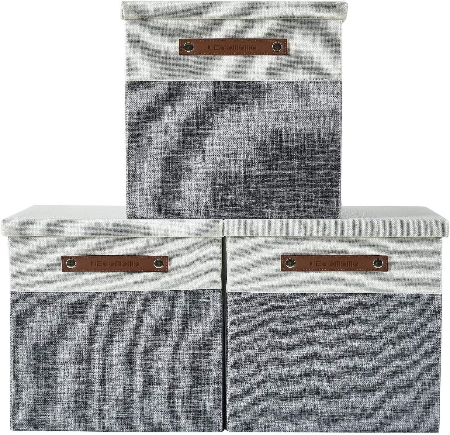 DECOMOMO Storage Basket with Lid, Storage Cubes with Handles, Fabric Box with Lid (Grey and White, 13” / 3 Pack)