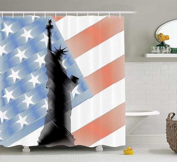 Yeuss American Flag Decor Shower Curtain By Liberty Figure Us Famous Landmark Martial Identity Bless America Theme Fabric Bathroom Decor Set With Hooks Coral Blue Amazon Co Uk Kitchen Home