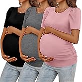 Ficerd 3 Pack Women's Maternity Shirts Ribbed Puff Short Sleeve Pregnancy Tops Round Neck Side Ruched Pregnant Clothes