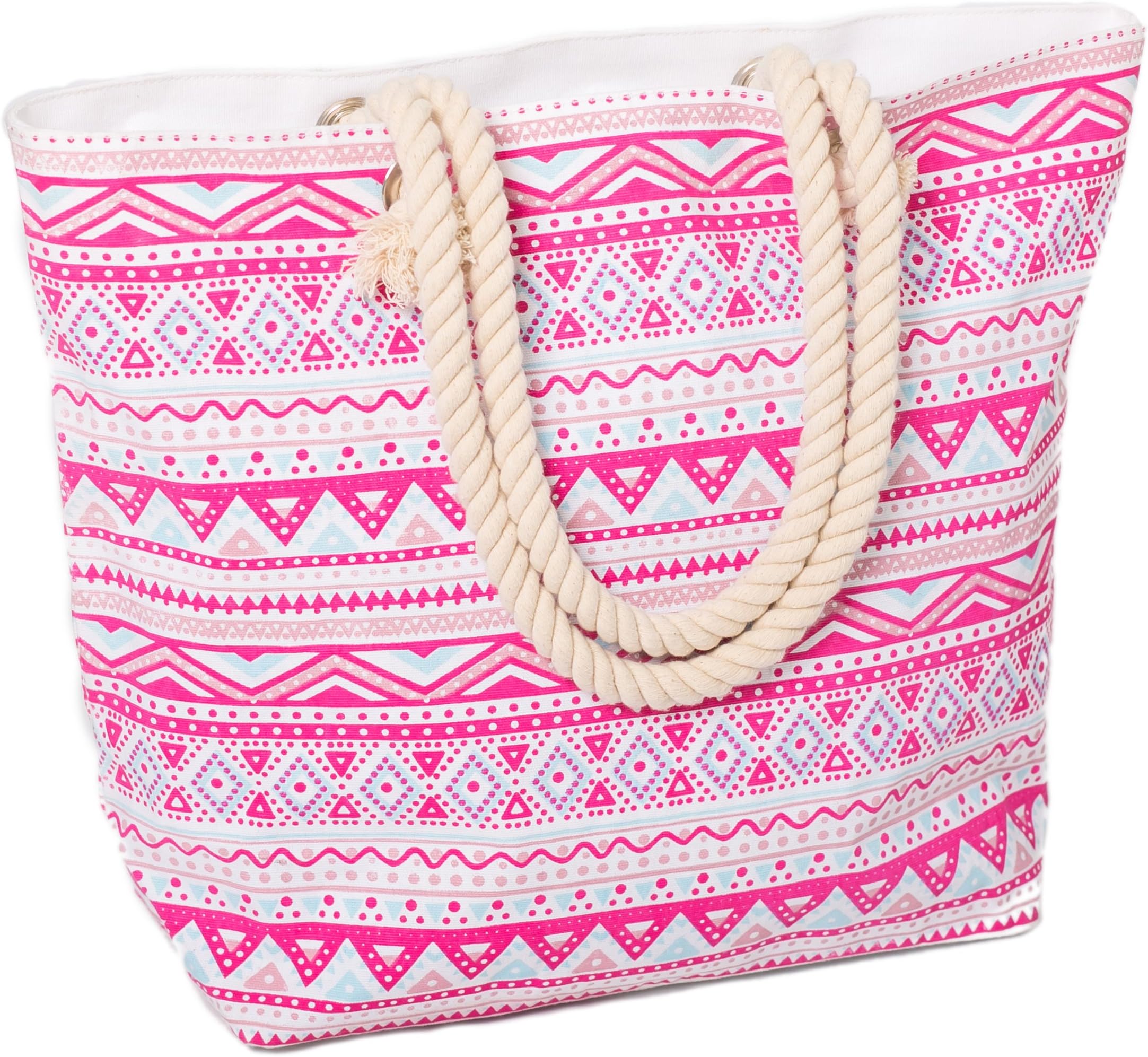 Beach Bag Tote for Women Large Canvas Rope Handles Shoulder Travel Aztec Pattern (Pink)