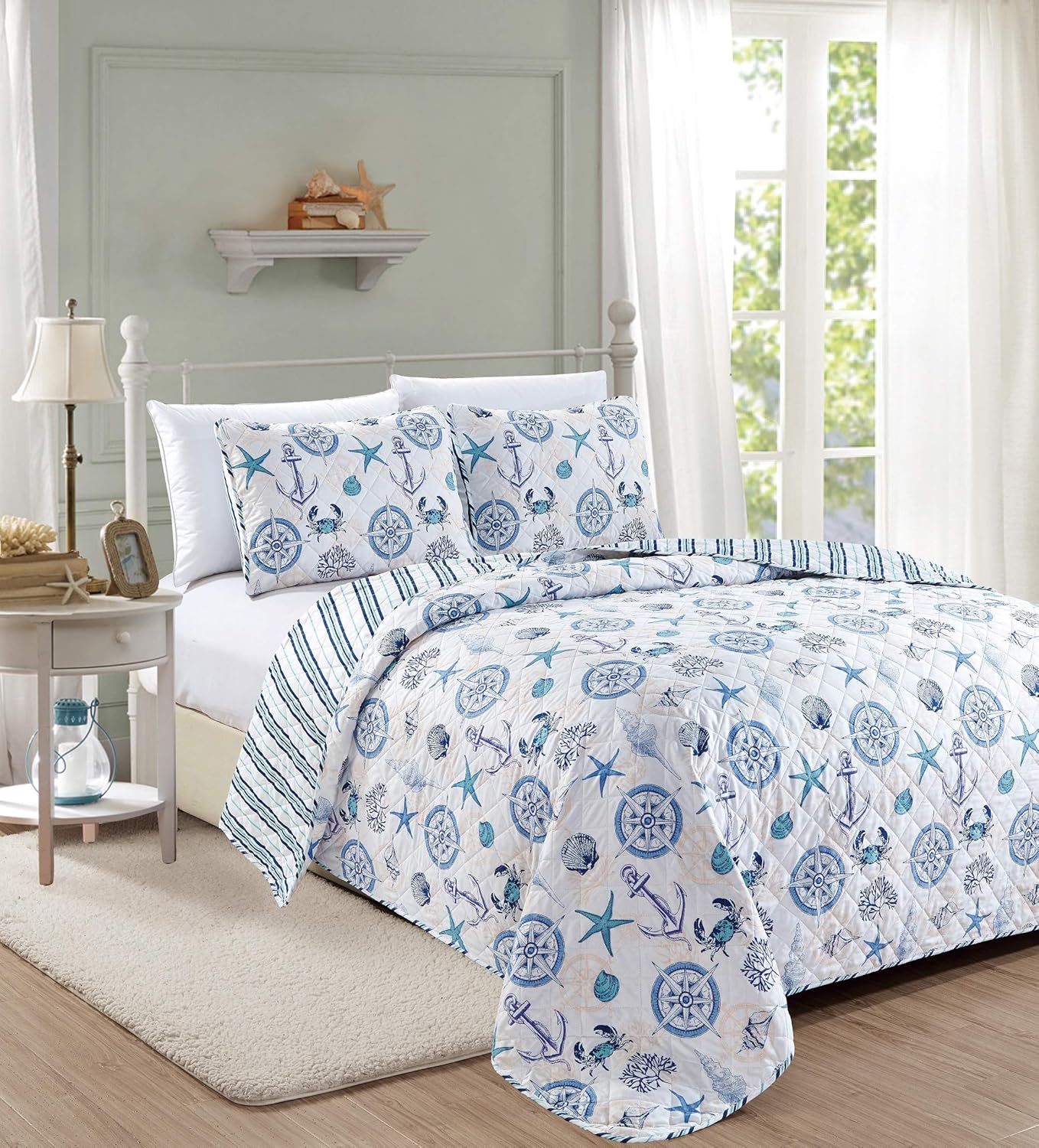 Great Bay Home Azure Coastal Collection 3 Piece Quilt Set with Shams. Reversible Beach Theme Bedspread Coverlet. Machine Washable. (Full/Queen): Home & Kitchen