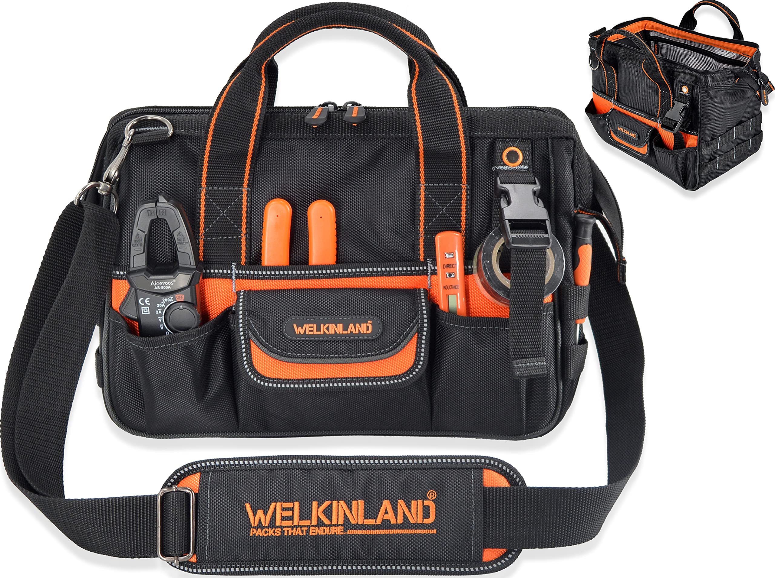 WELKINLAND 13Inch Small Tool Bag, Electrician Tool Bag, 32 Compartments, Orange, Nylon