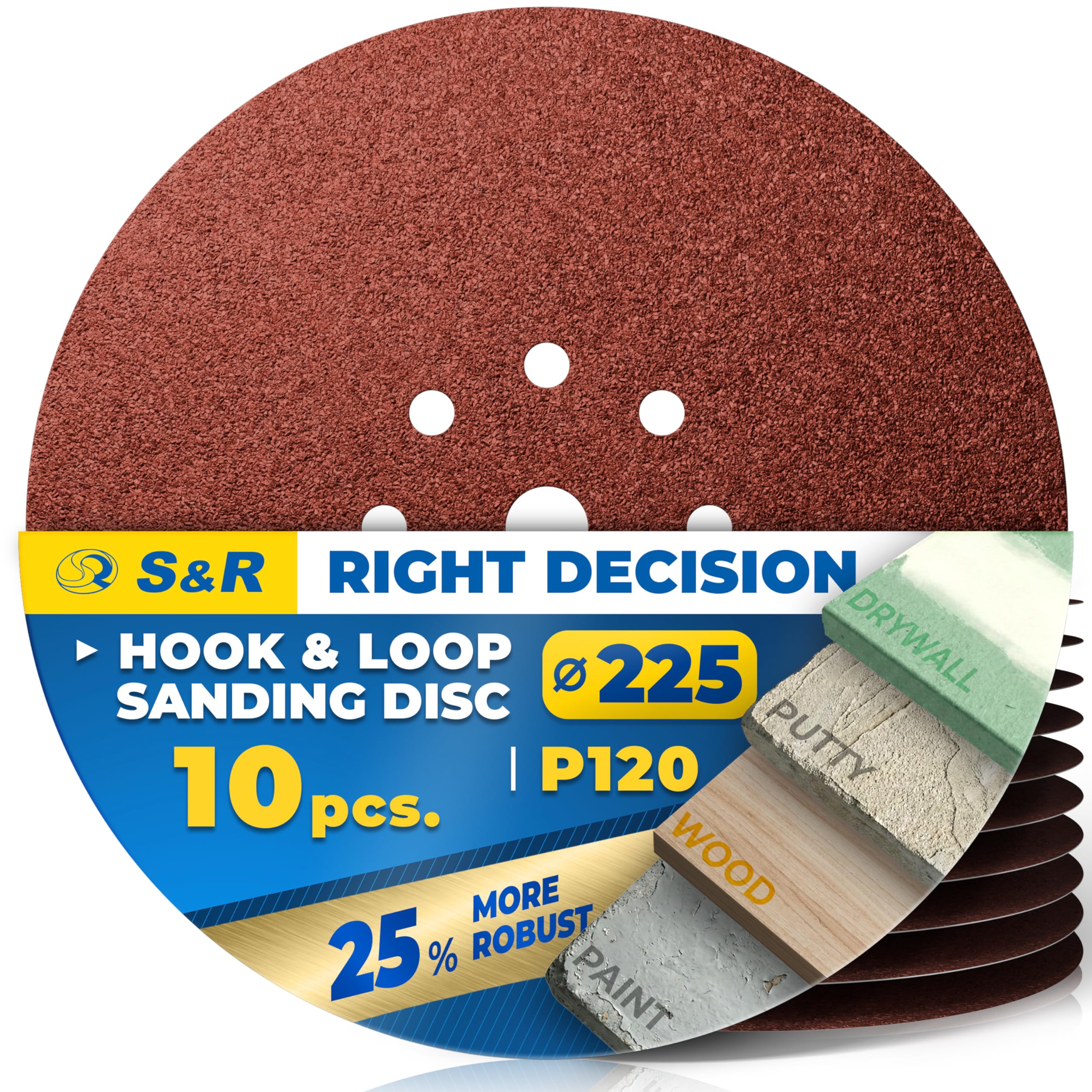 S&R Sanding Discs Set Ø225mm - 10pcs Professional Abrasive Discs for Random Orbital Sanders, Commercial Quality (P120 Grit)