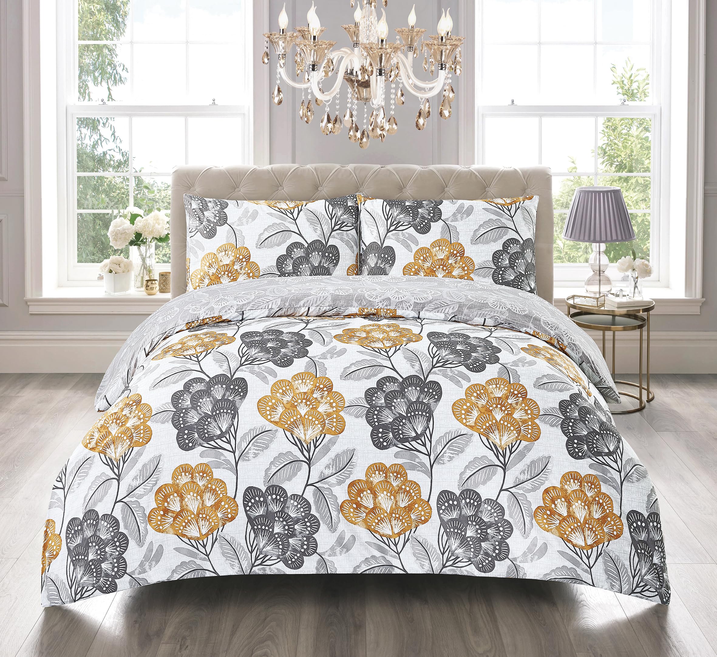 4-Piece Bloom Ochre Duvet Cover Set King 230 x 220 cm - Hotel Quality Soft Microfiber Quilt Cover with Fitted Sheet for Bedroom - Printed Bedding Set with 2 Pillow Shams